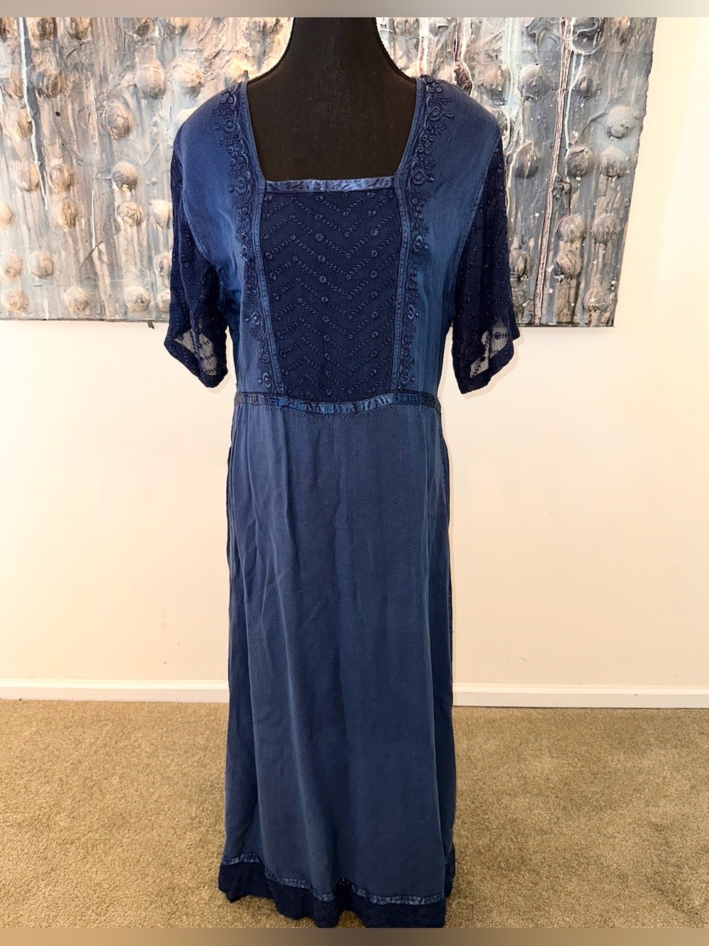 Vintage Med Beautiful Rayon Embroidered Lace and Ribbon Maxi Dress
